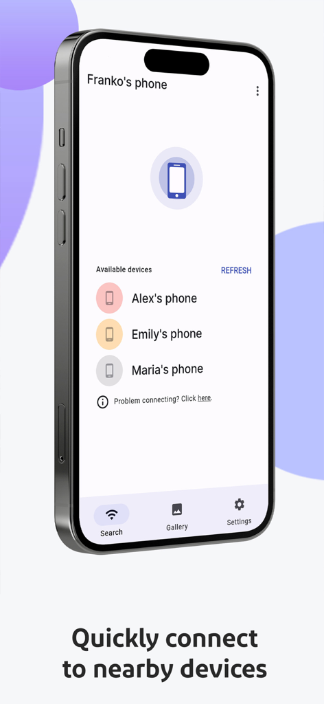 SayCheese - Remote Camera - Interface de l'application SayCheese montrant une liste d'appareils à proximité prêts à se connecter pour la photographie à distance