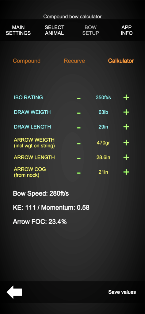 Technical compound bow calculator screen showing arrow weight and kinetic energy settings