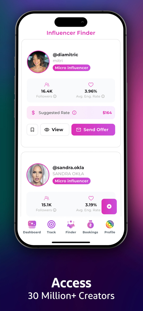 Jem: Turn Content Into Cash - Jem app Influencer Finder interface showing micro influencer profiles with engagement rates and suggested campaign pricing