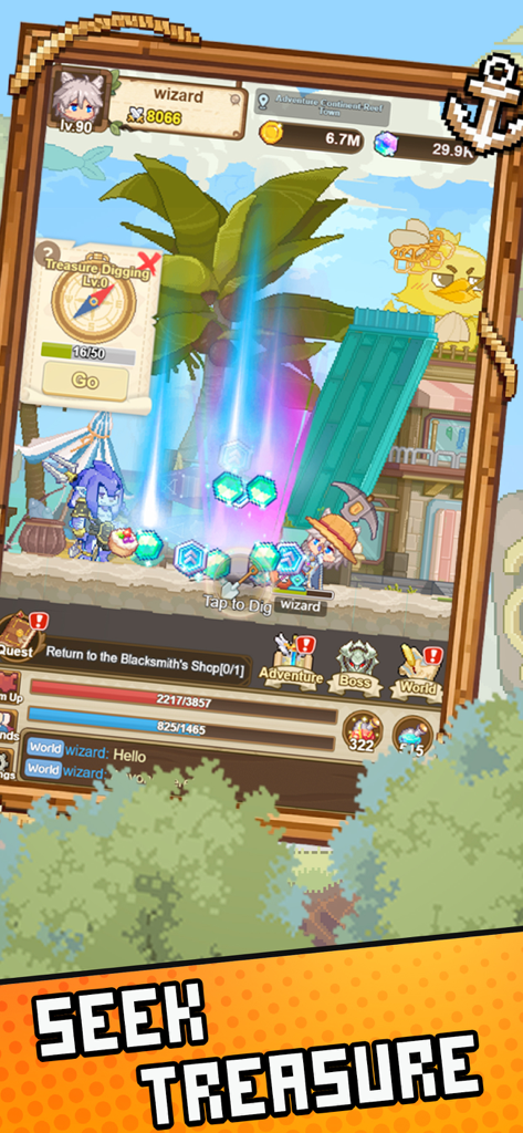 Warriors and Dungeons - Gameplay con grafica pixel retrò che mostra un mago di livello 90 mentre scava alla ricerca di gemme del tesoro in un ambiente tropicale