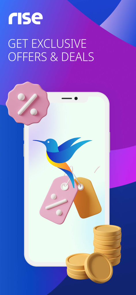 Rise Egypt - Promotional screen for Rise Egypt app showing a hummingbird on a smartphone with text mentioning exclusive offers and deals