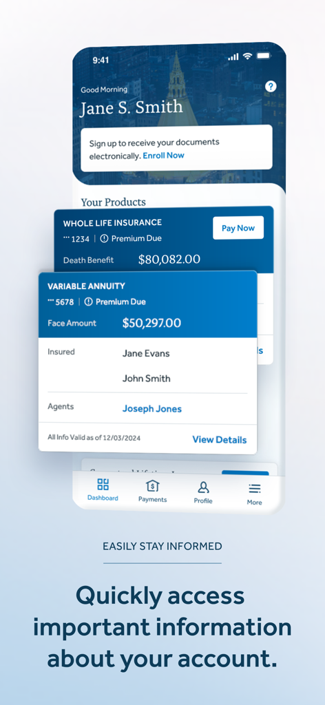 Dashboard of the New York Life mobile app showing life insurance and annuity policy summaries