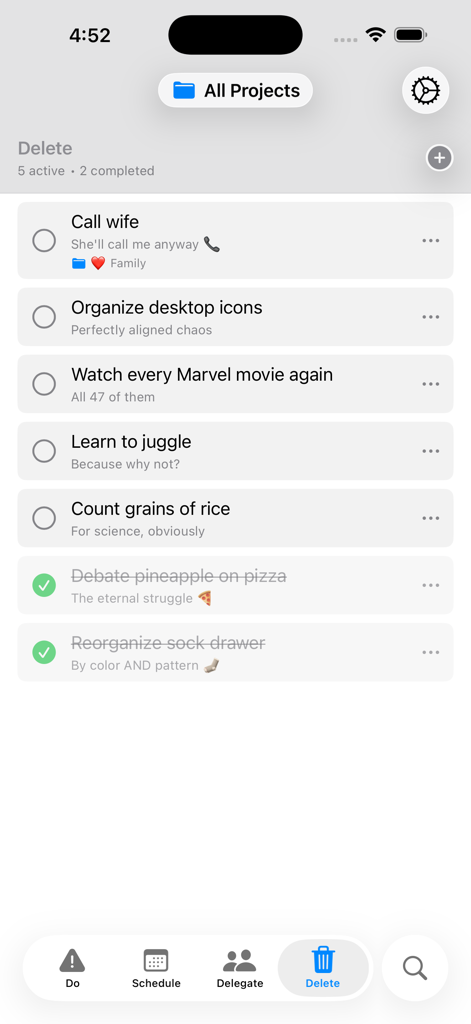 (nothing) To Do - Der Bildschirm der Kategorie 'Löschen' der nothing To Do-App mit einer minimalistischen Liste unwesentlicher Aufgaben, die entfernt werden sollen