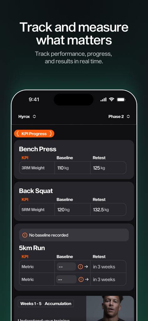 MARCHON TRAINING - Tela do aplicativo MARCHON TRAINING rastreando o progresso dos KPIs de força e resistência para atletas Hyrox