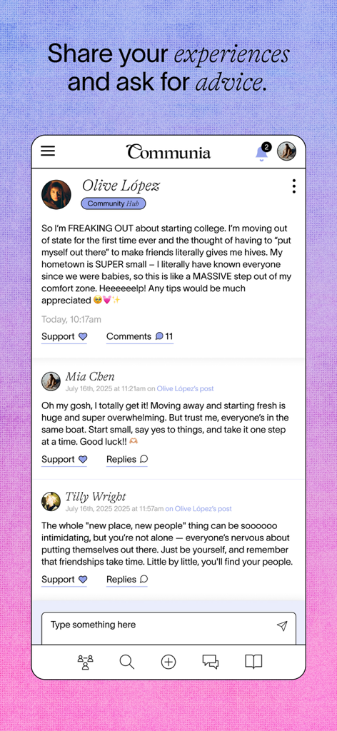 Une capture d'écran du fil d'actualité de l'application Communia où des femmes et des personnes non binaires partagent leurs expériences de vie et offrent des conseils de soutien.