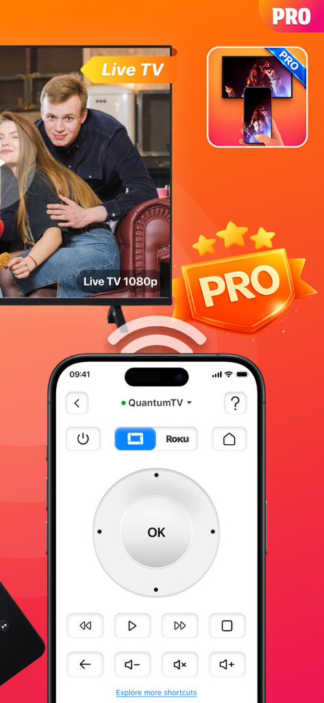 Projector TV Remote PRO - Interface de l'application Projector TV Remote PRO montrant les commandes de télécommande pour Smart TV et la prise en charge de Roku