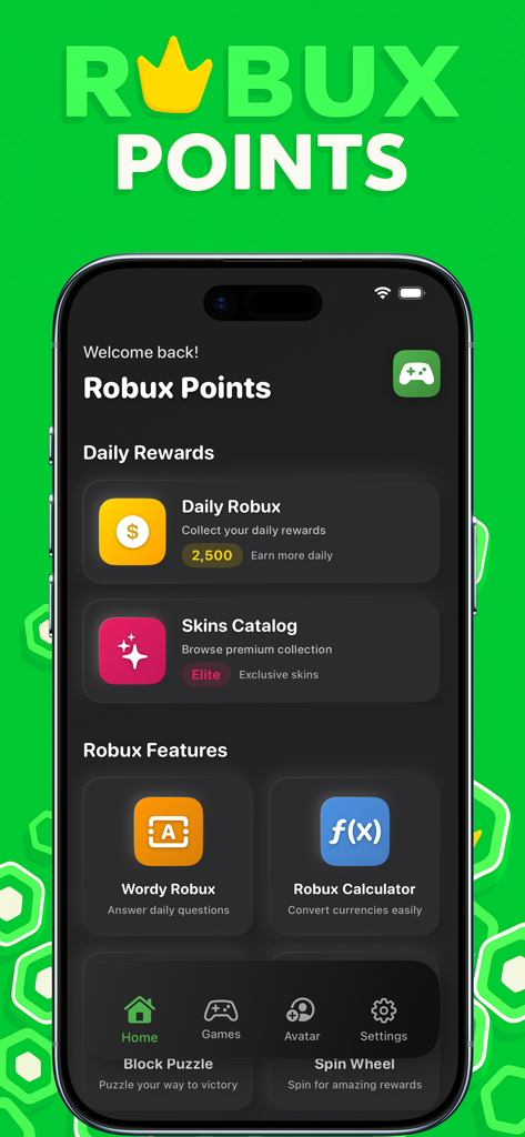 Robux Points | for Roblox ™ - Dashboard principale dell'app Robux Points che mostra ricompense giornaliere, catalogo skin e funzionalità come Wordy Robux e Calcolatore Robux