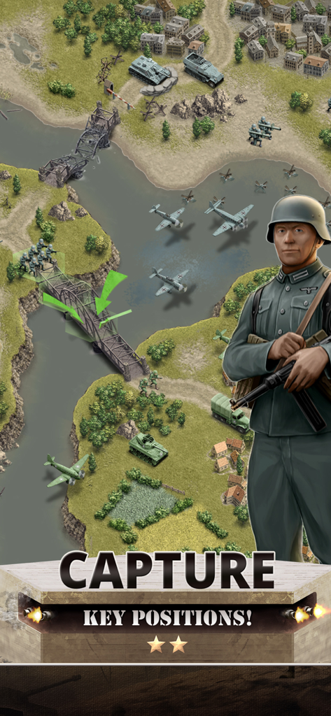 Tactical WWII gameplay screenshot from 1944 Burning Bridges showing units capturing key positions on a map.