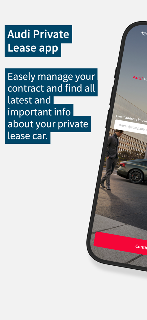 Tela de introdução do aplicativo Audi Private Lease mostrando gerenciamento de contrato de leasing e recursos de informações do carro