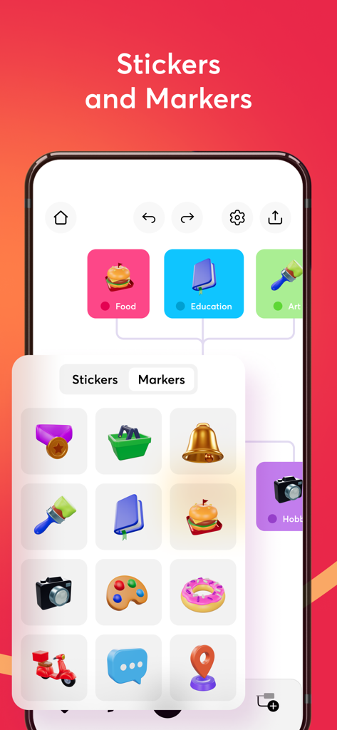 ノードのカテゴリ分けに使えるカラフルなステッカーやマーカーのライブラリを示すマインドマッピングアプリのインターフェイス。