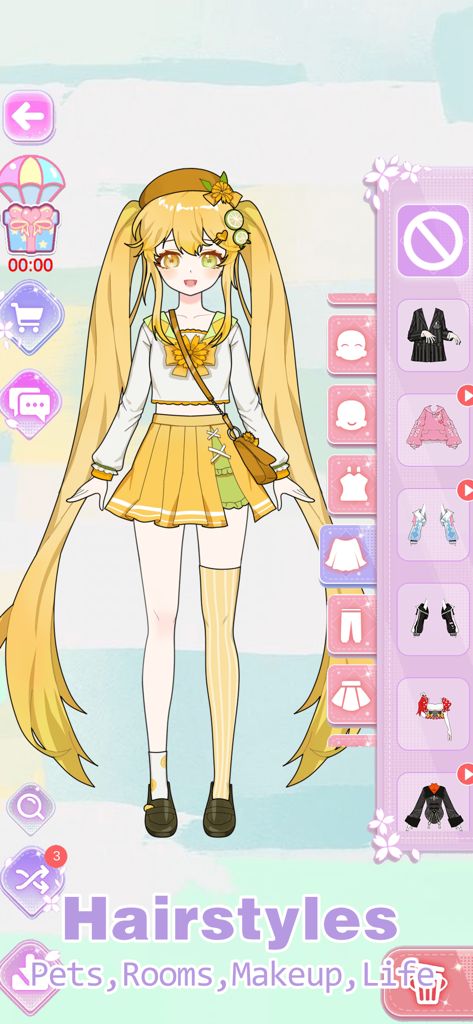 Interfaz del juego de vestir Vlinder Princess mostrando un personaje de anime rubio con ropa amarilla y opciones de moda