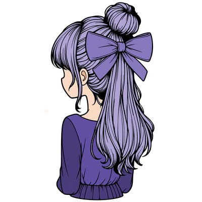 realistic girl  with hip length hair a bun and a big bow on the back of head