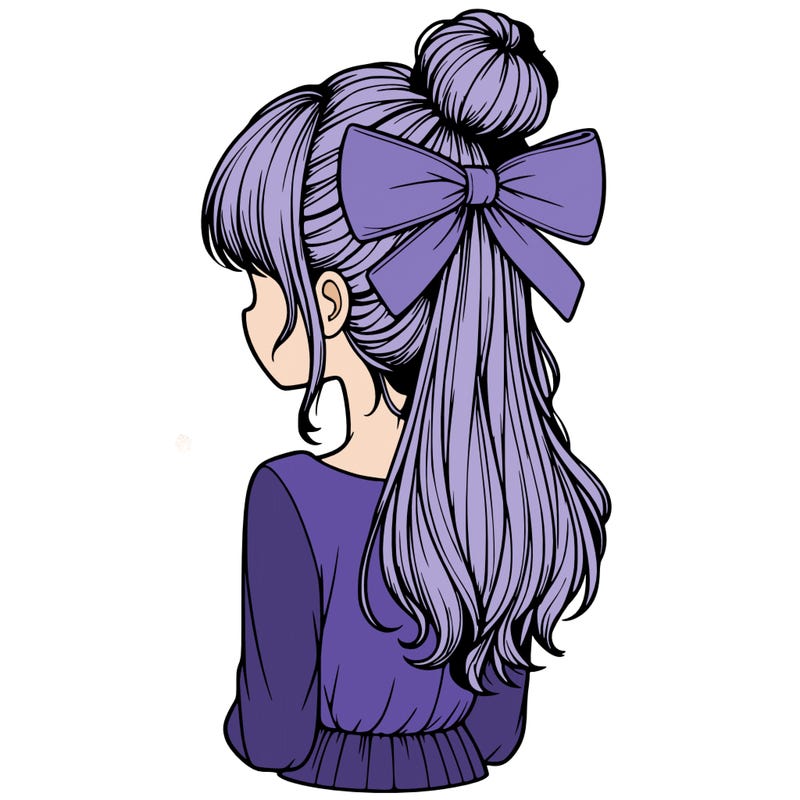 realistic girl  with hip length hair a bun and a big bow on the back of head