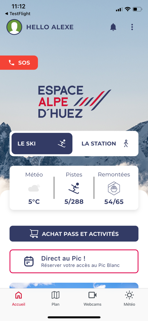 Alpe d Huez app home screen showing current weather ski conditions and lift pass booking options
