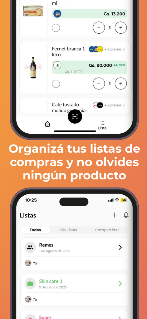 Rebuscate - Rebuscate app interface showing grocery shopping lists and price comparisons with bank discounts.