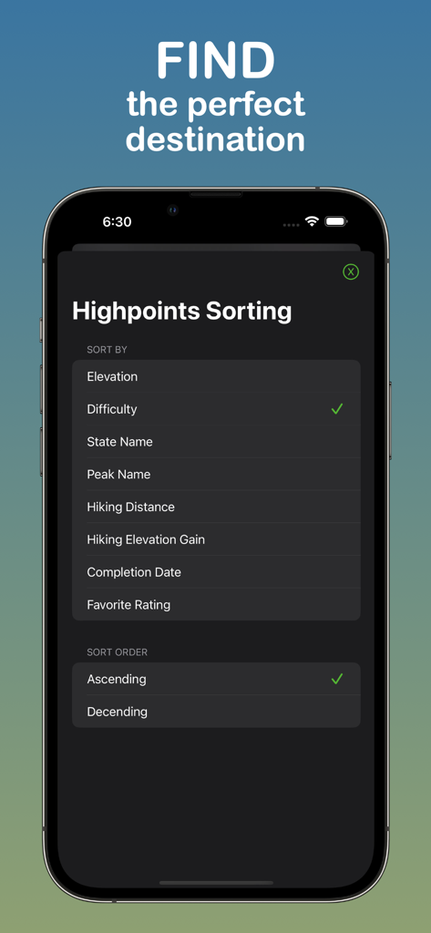 Highpointer - Highpointer app interface showing sorting options for state highpoints including difficulty elevation and hiking distance