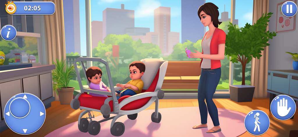 Mother character standing next to two toddlers in a stroller in a living room simulator scene.