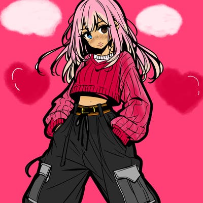 anime teen girl with baggy pants and crop top with sweater