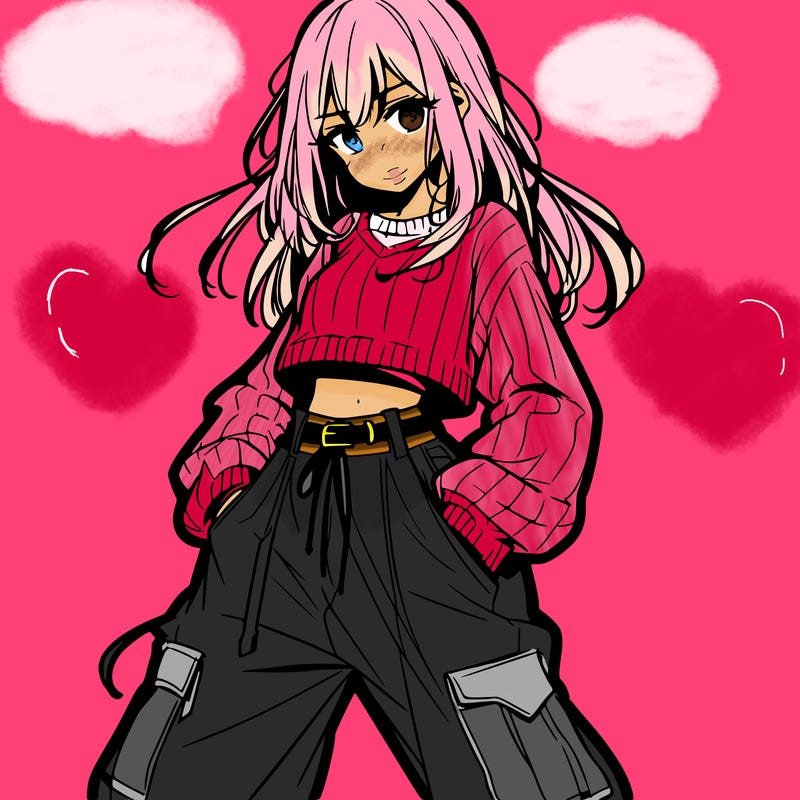 anime teen girl with baggy pants and crop top with sweater