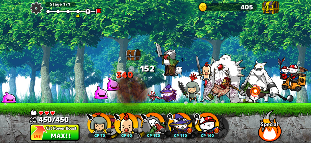 Une scène de bataille stratégique mettant en scène une armée d'adorables héros chats combattant des ennemis dans un environnement forestier