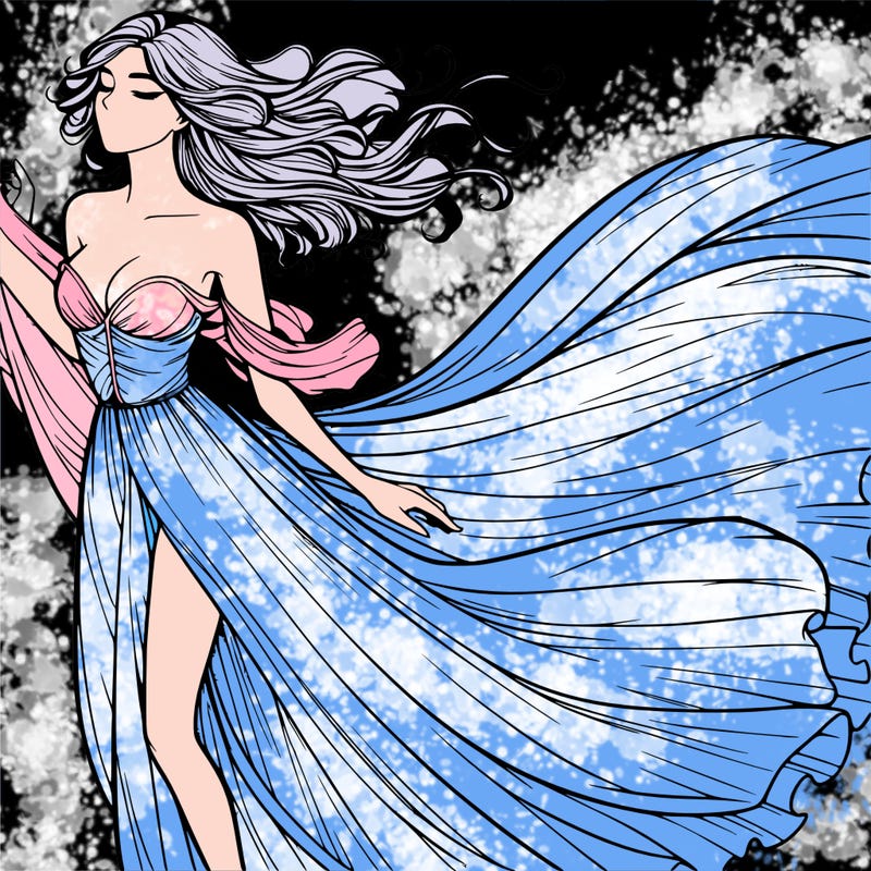 realistic woman in dress flowing the the wind