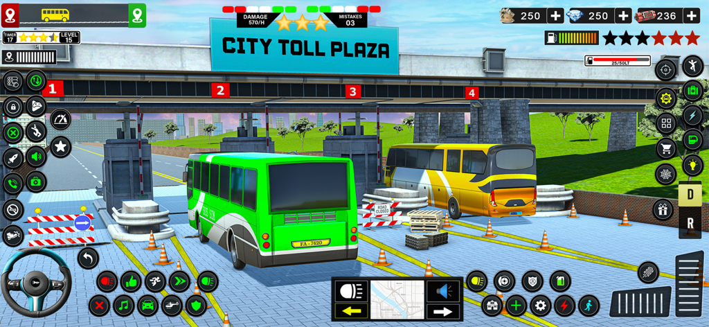 Gameplay screenshot of Real Bus Simulator Ultimate showing a green bus at a city toll plaza with driving interface and controls