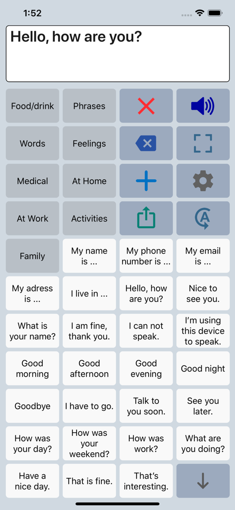 Speech Assist Switch - Interfaccia dell'app AAC Speech Assist Switch che mostra una griglia di frasi e categorie personalizzabili per l'assistenza vocale.