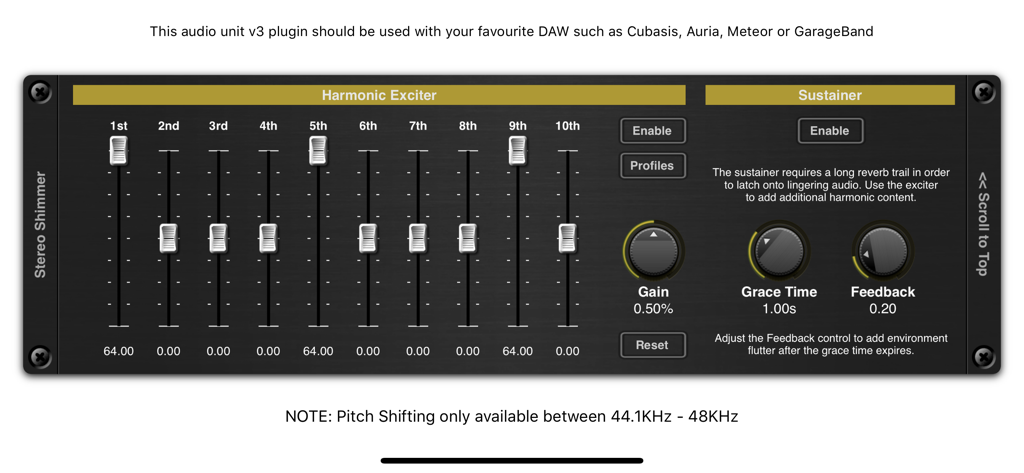 Shimmer AUv3 Audio Plugin - Shimmer AUv3 plugin interface displaying harmonic exciter sliders and sustainer settings