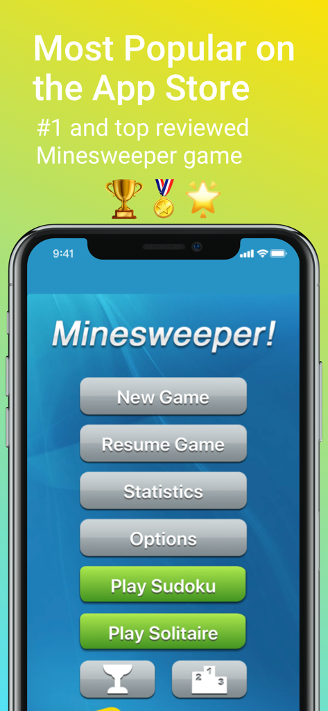 Minesweeper mobile app home screen with menu buttons for new game and statistics