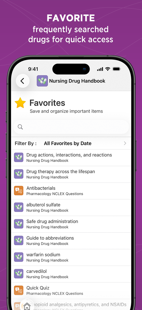 The favorites screen of the Nursing Drug Handbook app featuring a list of saved drugs and pharmacology study materials