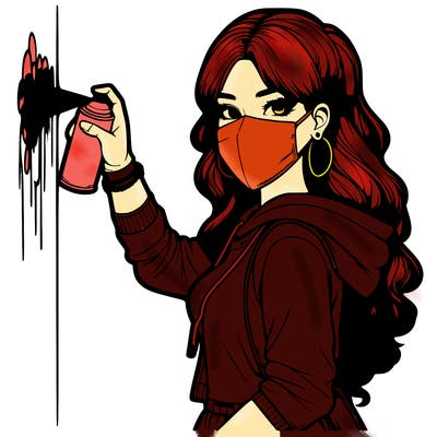 realistic girl with mask spray painting a wall