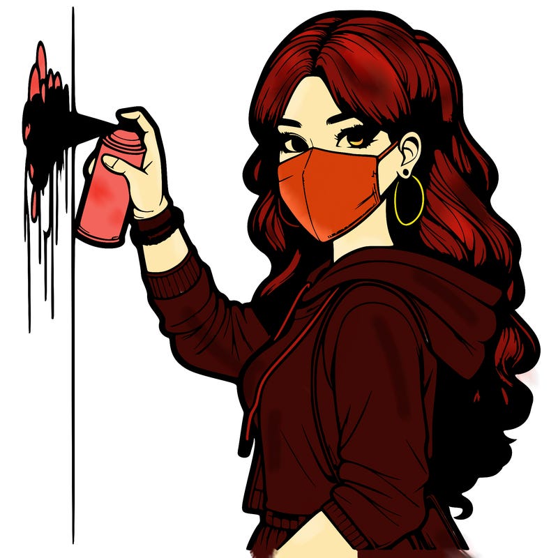 realistic girl with mask spray painting a wall