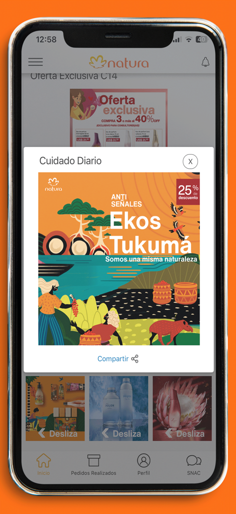 Mi Negocio Natura Bolivia - Pantalla móvil de la app Mi Negocio Natura mostrando una oferta de descuento compartible para productos de belleza Ekos Tukuma.