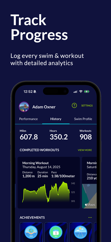 MySwimPro app interface displaying swimming history stats like total miles, hours, and detailed workout analytics.