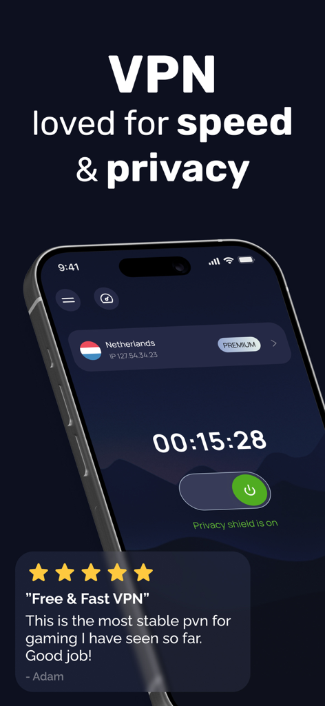 SuperVPN - Cool VPN Proxy - SuperVPN app interface showing an active privacy shield and a five star user review for gaming stability