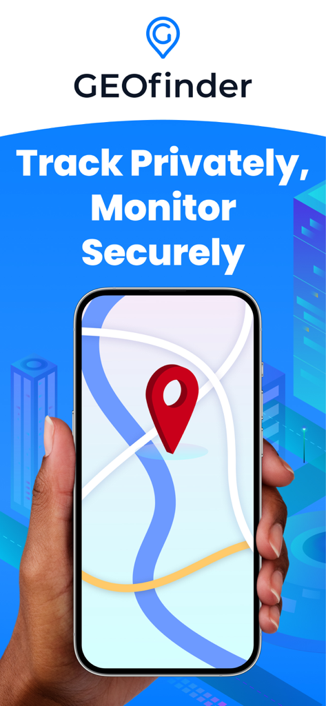 Eine Hand hält ein Smartphone mit der GEOfinder-App-Karte, einem roten Standort-Pin und dem Text Privat verfolgen, sicher überwachen.