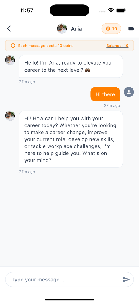 Uma interface de chat no aplicativo Kisk mostrando uma conversa com Aria, uma mentora de carreira de IA