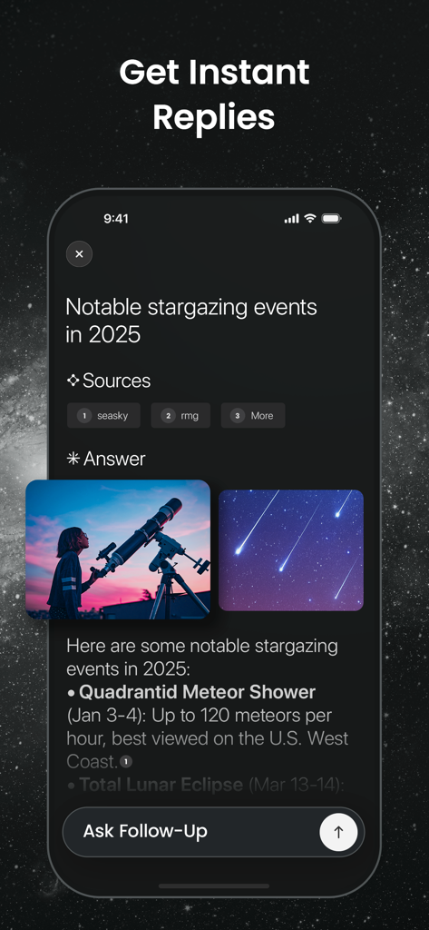 Inscope mobile app interface showing AI search results for stargazing events with sources and images