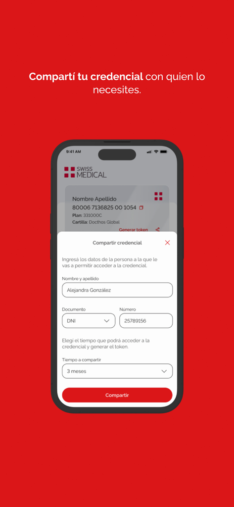 Swiss Medical - Écran mobile de l'application Swiss Medical montrant la fonction de partage d'identifiants numériques avec des champs pour le nom, le numéro de document et la durée du partage.