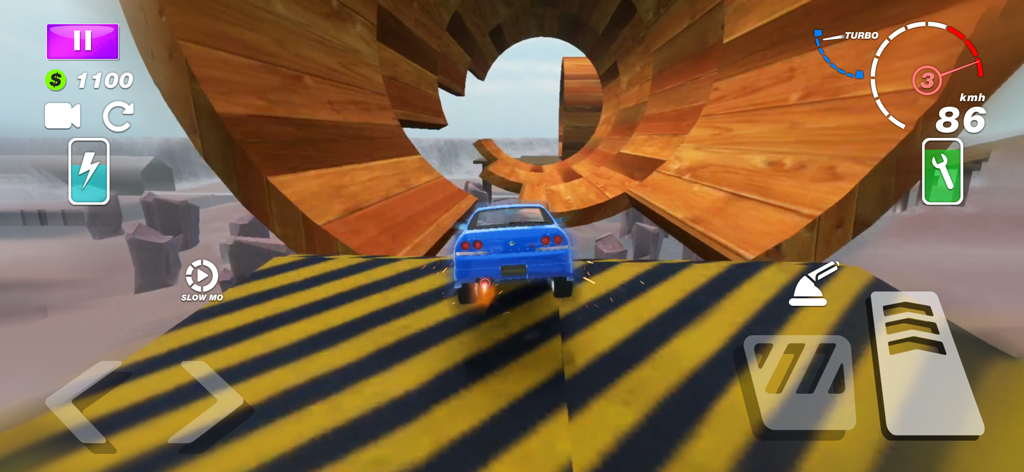 Car Crash — Battle Royale - Blue car driving on a striped ramp towards giant wooden loops in a car destruction simulator