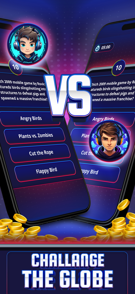 Skillz™ Trivia Showdown - Partida de trivia competitiva entre dos jugadores en pantallas de móvil con un logo VS y monedas de oro