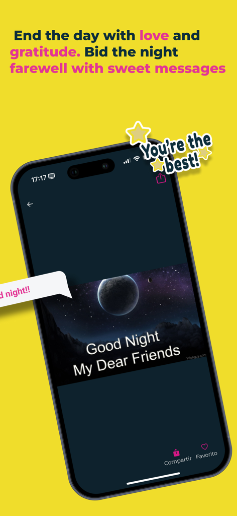 Good Morning Afternoon & Night - Smartphone showing a good night message with a moon and stars background
