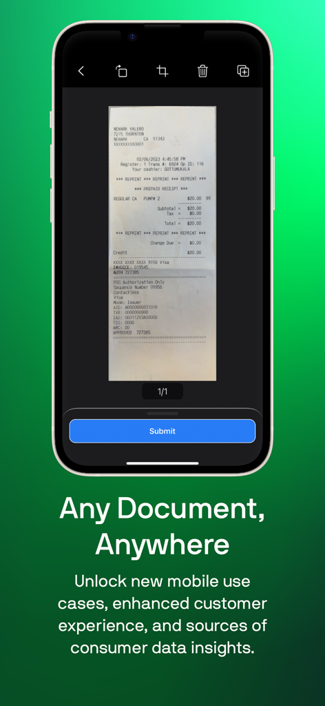 Veryfi Lens mobile app interface showing a scanned receipt on a smartphone screen