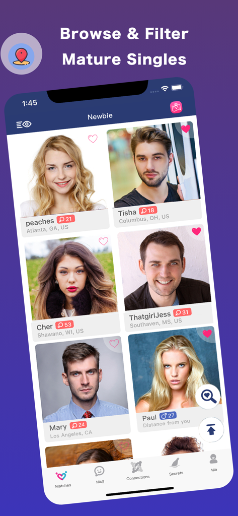 Sweet Dating for Adult Singles - Browse and filter mature singles screen on the Sweet dating app showing multiple user profiles