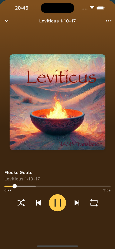 Music Bible: Scripture Songs - The Music Bible app player interface displaying a song from the book of Leviticus with scripture based artwork