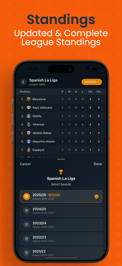 The Dofu - Live Sports Scores - Tabla de la liga española de La Liga y selección de temporada en la aplicación The Dofu