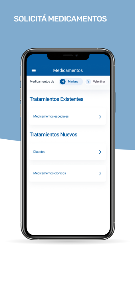 The medication request screen of the Galeno mobile app showing options for special and chronic treatments.
