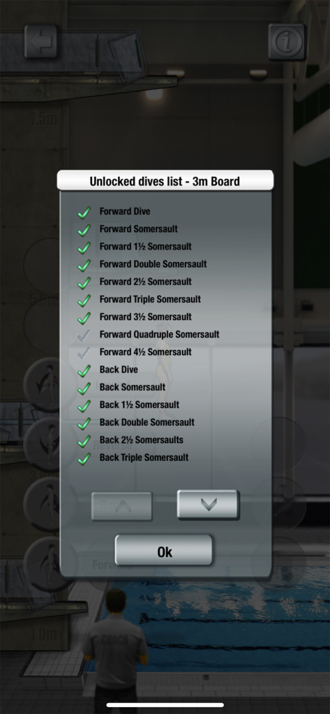 List of unlocked dives for the 3m board in the DiveChamp2 simulator