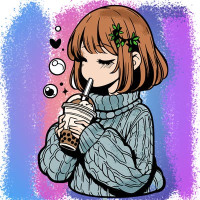 manga girl drinking boba in cozy sweater