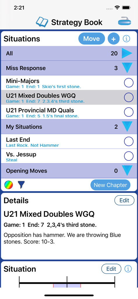 Strategy book screen in the Curl Coach 2 app showing curling game situations